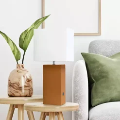 Kirklands Home Table Lamps|Caramel Faux Leather Charging Table Lamp Tan