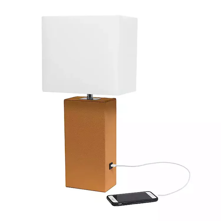 Kirklands Home Table Lamps|Caramel Faux Leather Charging Table Lamp Tan