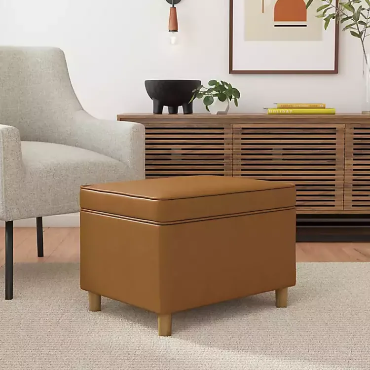 Kirklands Home Benches & Ottomans|Caramel Faux Leather Storage Ottoman Brown