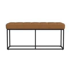 Kirklands Home Benches & Ottomans|Caramel Faux Leather Upholstered Metal Frame Bench Tan