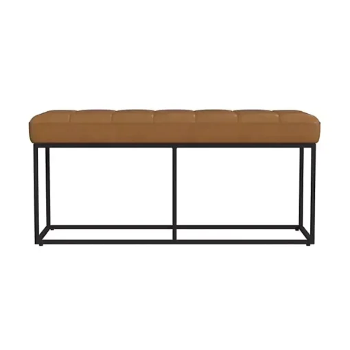 Kirklands Home Benches & Ottomans|Caramel Faux Leather Upholstered Metal Frame Bench Tan