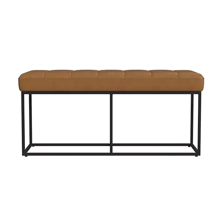 Kirklands Home Benches & Ottomans|Caramel Faux Leather Upholstered Metal Frame Bench Tan