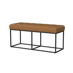 Kirklands Home Benches & Ottomans|Caramel Faux Leather Upholstered Metal Frame Bench Tan