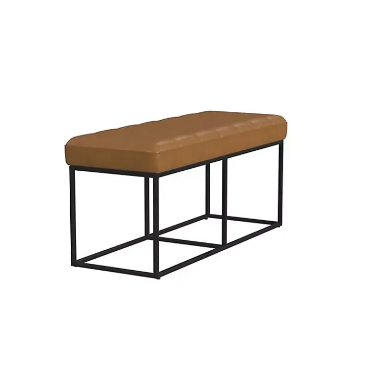 Kirklands Home Benches & Ottomans|Caramel Faux Leather Upholstered Metal Frame Bench Tan