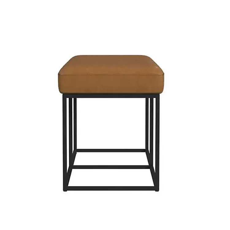 Kirklands Home Benches & Ottomans|Caramel Faux Leather Upholstered Metal Frame Bench Tan
