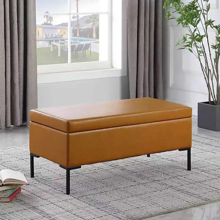 Kirklands Home Benches & Ottomans|Caramel Vegan Leather Storage Bench Brown