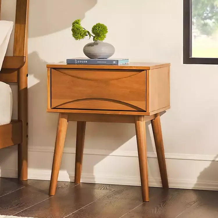 Kirklands Home Nightstands|Caramel Wood Mid-Century Modern Nightsd Tan