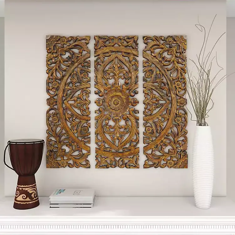 Kirklands Home Wall Plaques|Carved Mahogany 3-pc. Triptych Wall Panels Gold