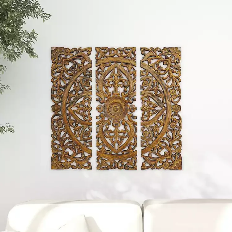 Kirklands Home Wall Plaques|Carved Mahogany 3-pc. Triptych Wall Panels Gold