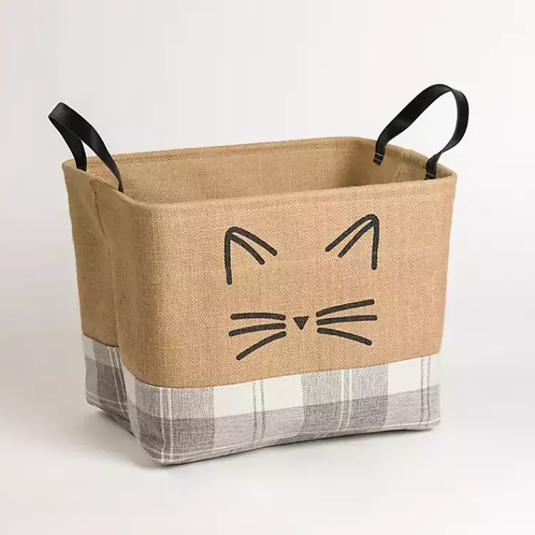 Cat Whiskers Gray Plaid Leather Handle Jute Bin Baskets & Boxes