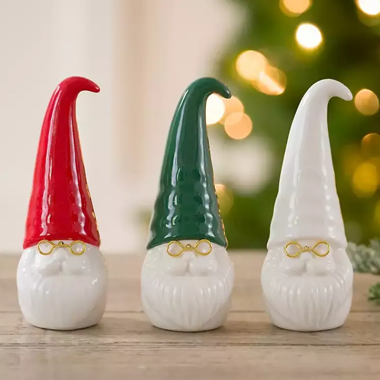 Ceramic Santa Gnomes with Glasses, Set of 3 Christmas Decorations