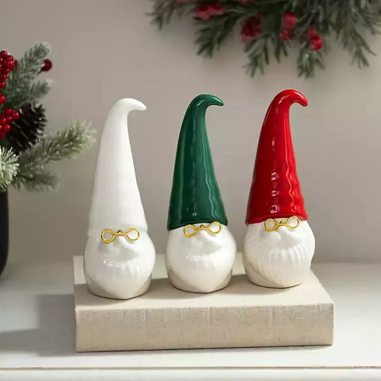 Ceramic Santa Gnomes with Glasses, Set of 3 Christmas Decorations