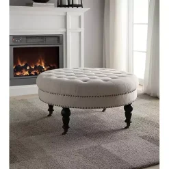 Kirklands Home Benches & Ottomans|Charlotte Tufted Round Natural Ottoman White