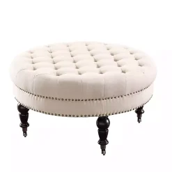 Kirklands Home Benches & Ottomans|Charlotte Tufted Round Natural Ottoman White