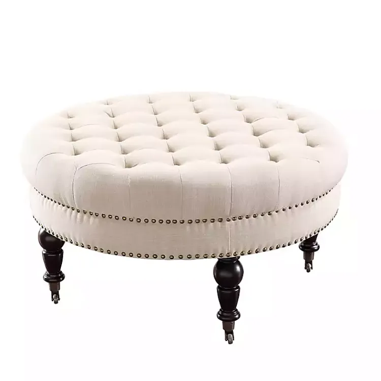 Kirklands Home Benches & Ottomans|Charlotte Tufted Round Natural Ottoman White