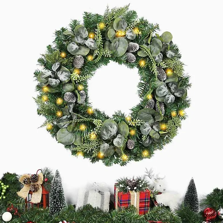 Online Christmas Eucalyptus Pine Mix Pre-Lit Wreath Wreaths