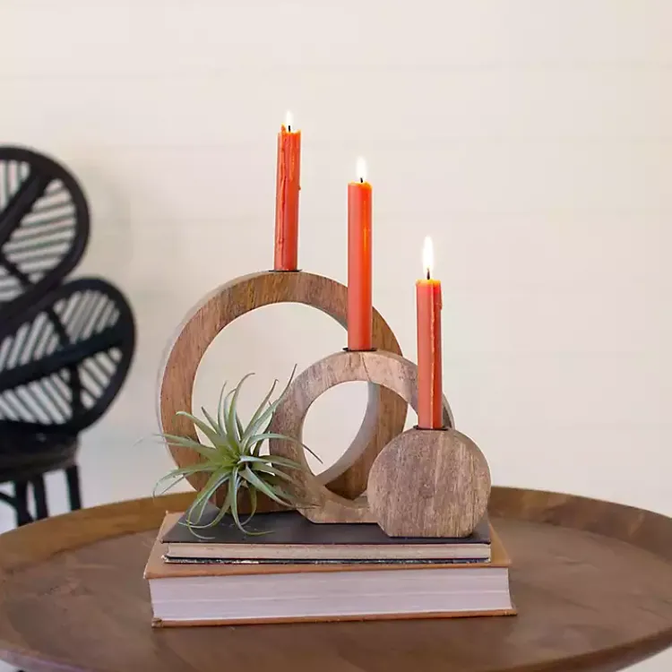 New Circle Mango Wood Taper Candle Holders, Set of 3 Candle Holders