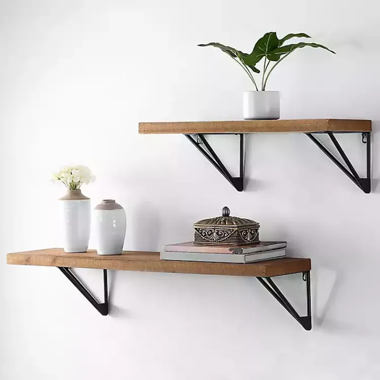 Kirklands Home Shelves|Classic Brown Wood Wall Shelves, Set of 2