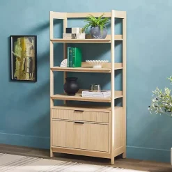 Kirklands Home Bookshelves|Coastal Oak 2-Drawer Modern Wood Bookcase Tan