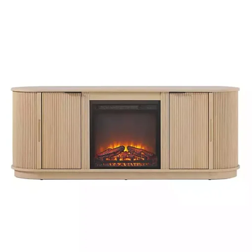Kirklands Home Tv Stands & Media Consoles|Coastal Oak Reeded Fireplace Media Cabinet Tan