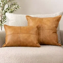 Clearance Cognac Faux Leather Throw Pillow Pillows