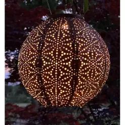 Kirklands Home Outdoor Lighting|Copper Sashiko Round Hanging LED Outdoor Lantern Brown