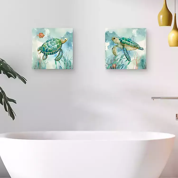 Kirklands Home Canvas Art|Coral Bay Sea Turtle Canvas Art Prints, Set of 2 Blue