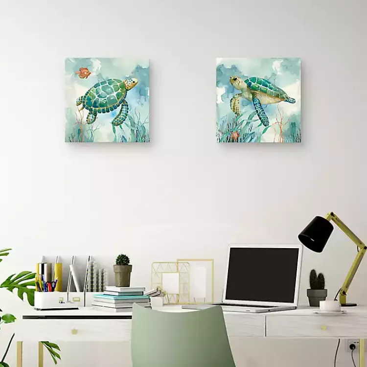 Kirklands Home Canvas Art|Coral Bay Sea Turtle Canvas Art Prints, Set of 2 Blue