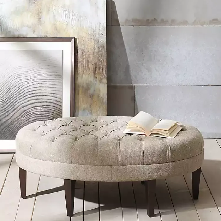 Kirklands Home Benches & Ottomans|Cory Tufted Natural Linen Ottoman Tan