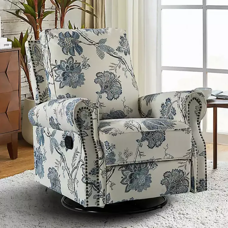 Kirklands Home Accent Chairs|Cream and Blue Vintage Floral Rocking Recliner