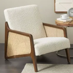 Kirklands Home Accent Chairs|Cream Boucle & Rattan Accent Chair White