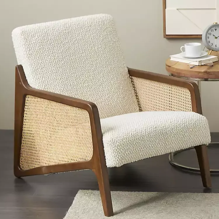 Kirklands Home Accent Chairs|Cream Boucle & Rattan Accent Chair White