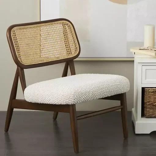 Kirklands Home Accent Chairs|Cream Boucle & Rounded Rattan Back Accent Chair White