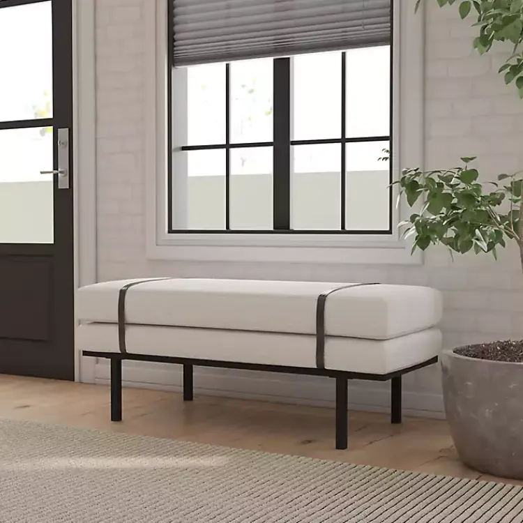 Kirklands Home Benches & Ottomans|Cream Boucle Black Faux Leather Bench White