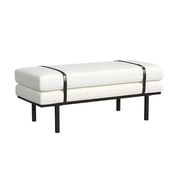 Kirklands Home Benches & Ottomans|Cream Boucle Black Faux Leather Bench White