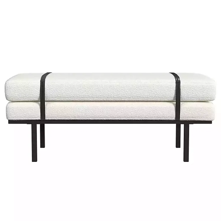 Kirklands Home Benches & Ottomans|Cream Boucle Black Faux Leather Bench White