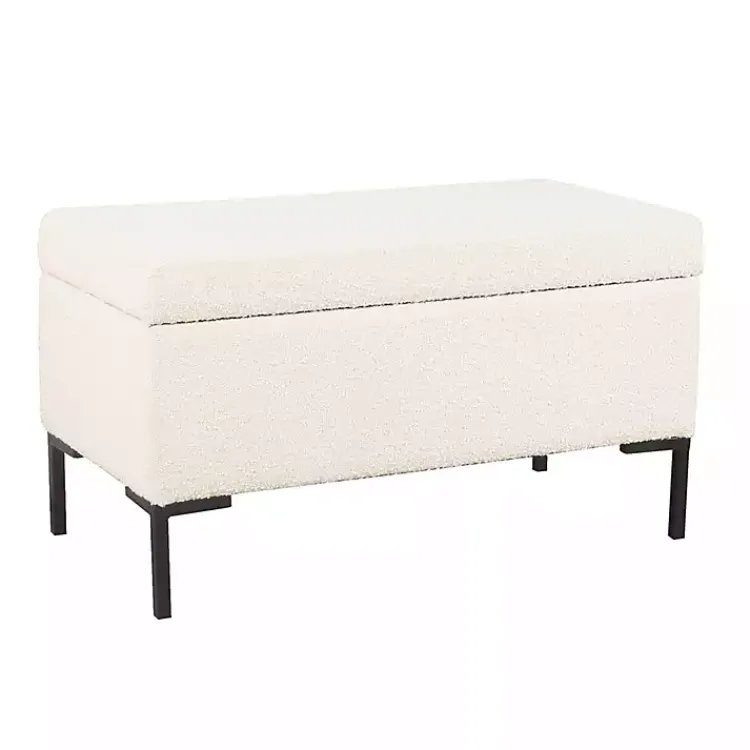 Kirklands Home Benches & Ottomans|Cream Boucle Black Metal Storage Bench Ivory