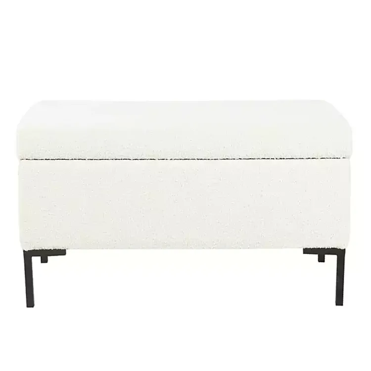 Kirklands Home Benches & Ottomans|Cream Boucle Black Metal Storage Bench Ivory