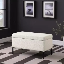 Kirklands Home Benches & Ottomans|Cream Boucle Black Metal Storage Bench Ivory