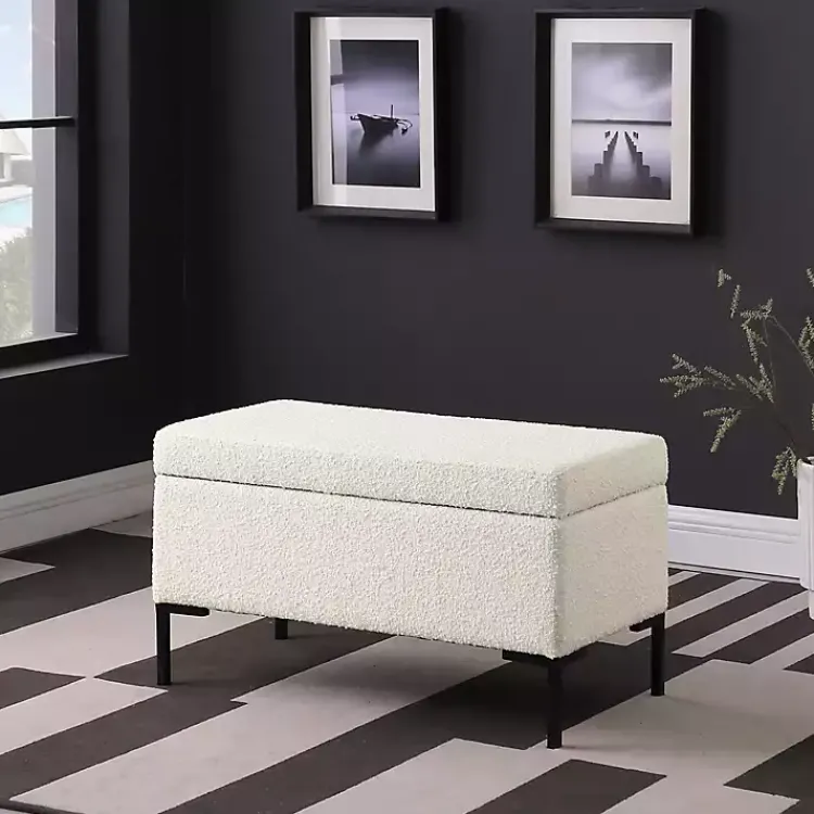 Kirklands Home Benches & Ottomans|Cream Boucle Black Metal Storage Bench Ivory