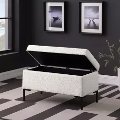 Kirklands Home Benches & Ottomans|Cream Boucle Black Metal Storage Bench Ivory
