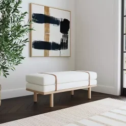 Kirklands Home Entryway Furniture|Cream Boucle Brown Faux Leather Bench White