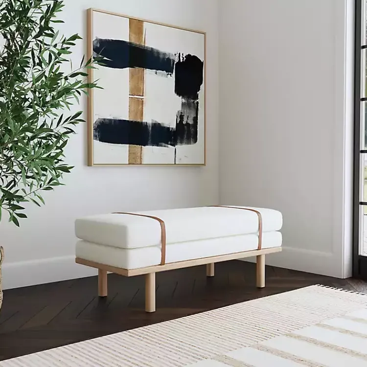 Kirklands Home Entryway Furniture|Cream Boucle Brown Faux Leather Bench White