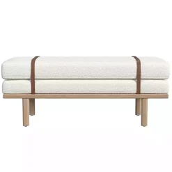 Kirklands Home Entryway Furniture|Cream Boucle Brown Faux Leather Bench White
