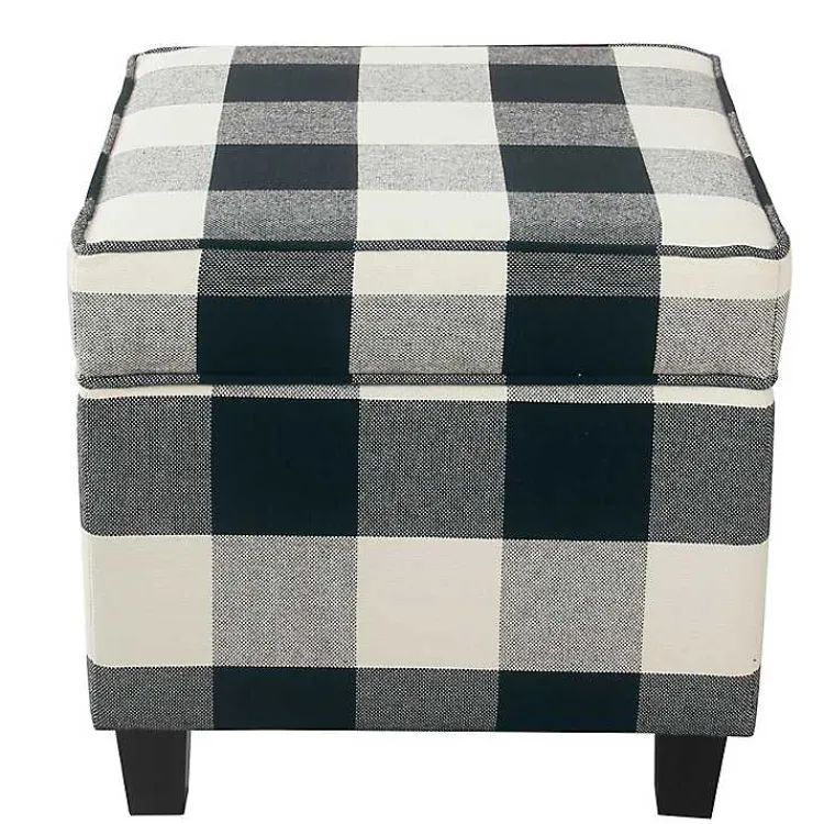 Kirklands Home Benches & Ottomans|Cream Buffalo Plaid Upholstered Storage Ottoman