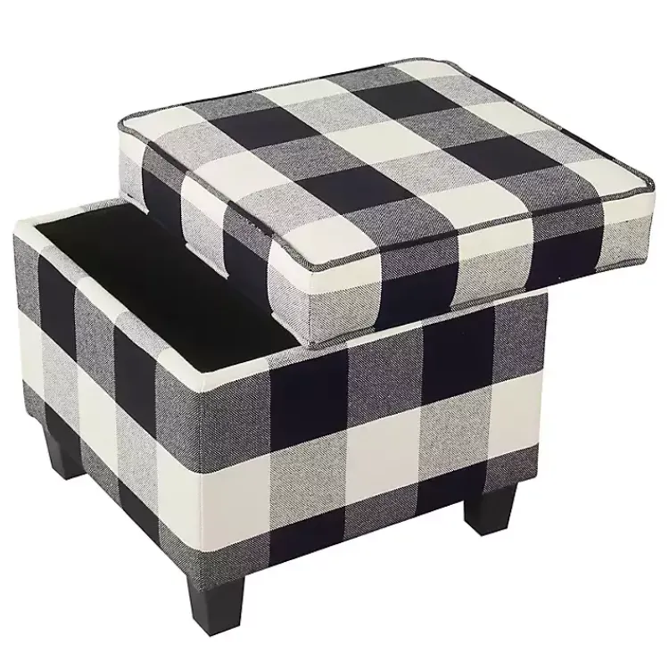 Kirklands Home Benches & Ottomans|Cream Buffalo Plaid Upholstered Storage Ottoman