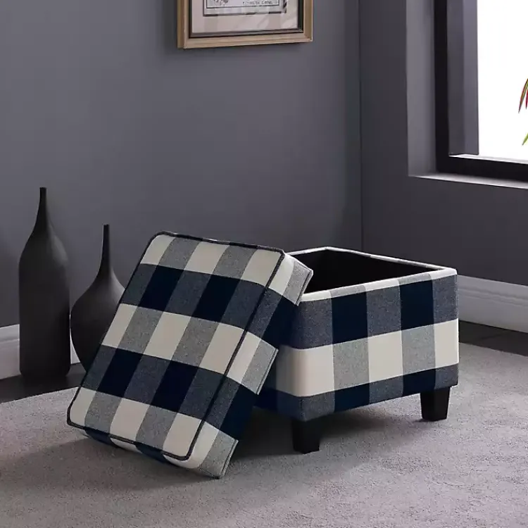 Kirklands Home Benches & Ottomans|Cream Buffalo Plaid Upholstered Storage Ottoman