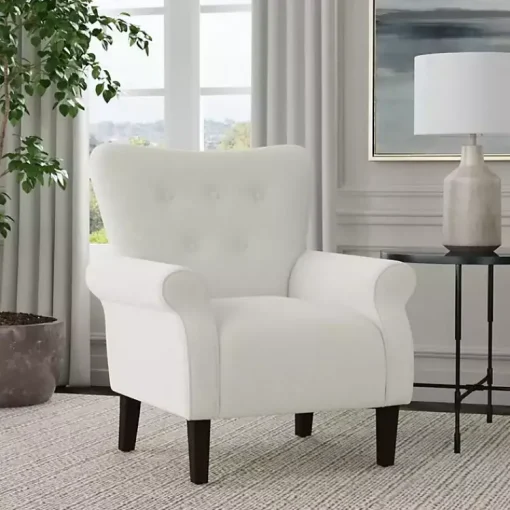 Kirklands Home Accent Chairs|Cream Button-Tufted Rolled Arm Accent Chair White