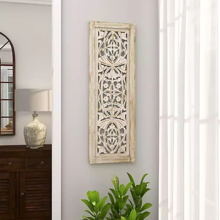 Kirklands Home Wall Plaques|Cream Distressed Carved Floral Wall Plaque