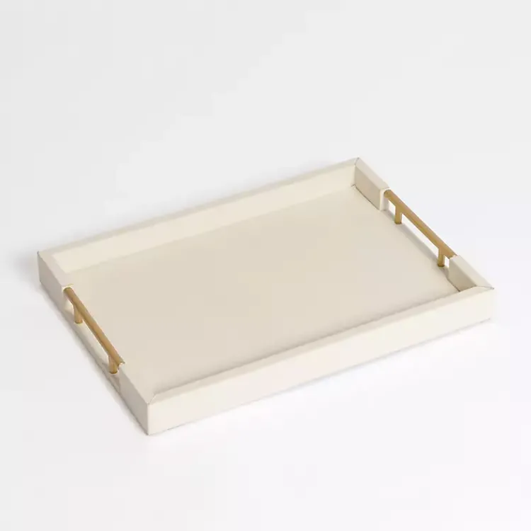 Outlet Cream Faux Leather Gold Handle Tray Decorative Trays